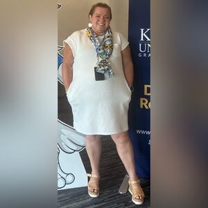 Minimalist 1960s style retro polyester dress with pockets.